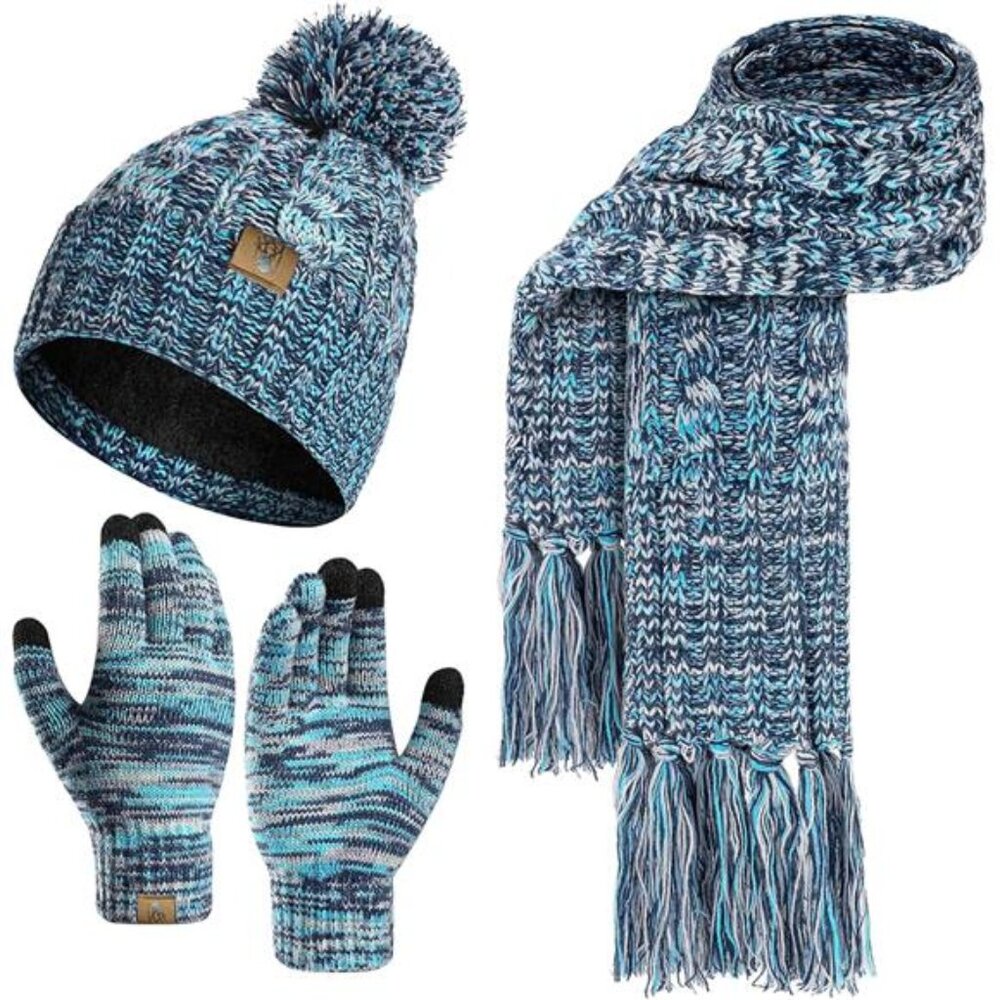 Womens Winter Beanie Hat Gloves Scarf Set Fleece Lined Warm Pom Pom Gift